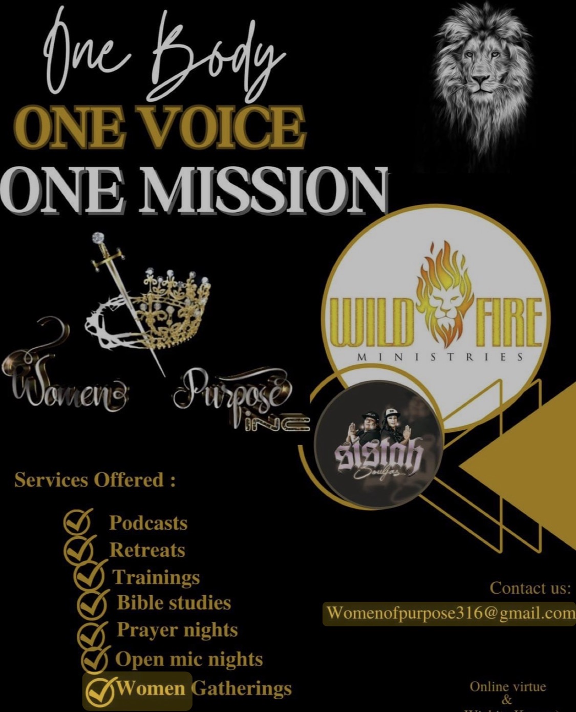 One Body, One Voice, One Mission — Women of Purpose Inc partnership graphic with Wildfire Ministries and Sistah Souljas